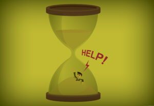 A cartoon man stuck in an hourglass