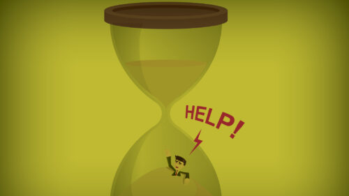 A cartoon man stuck in an hourglass