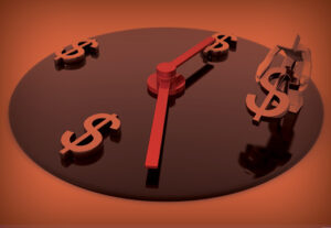 A clock counting dollar signs