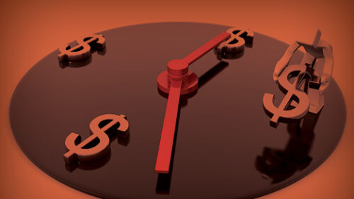 A clock counting dollar signs