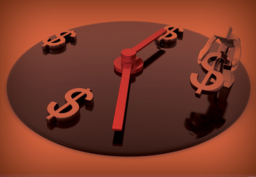 A clock counting dollar signs