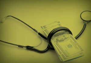 a wad of money encircled by a healthcare instrument