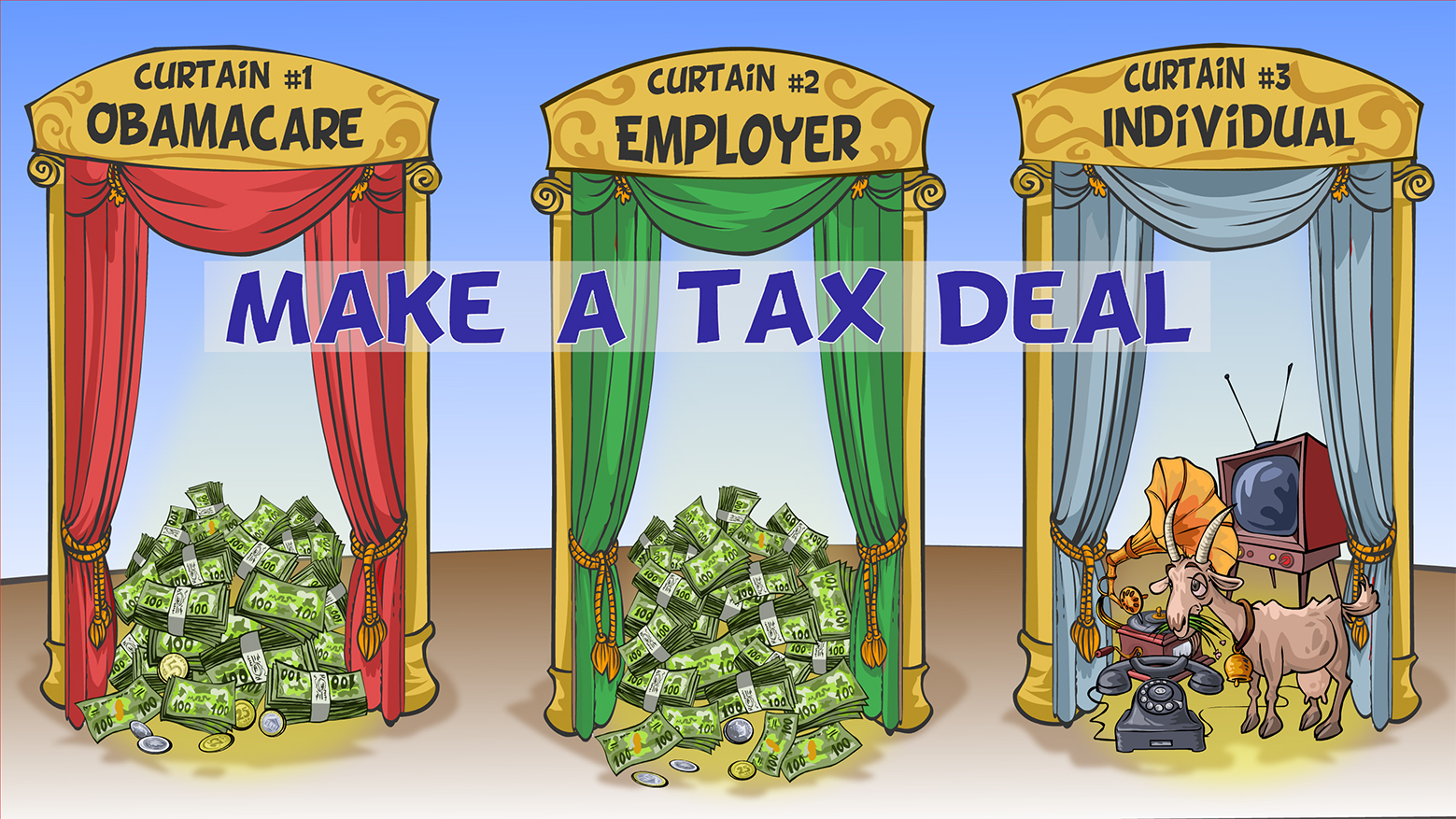 Three curtains with different health insurance and tax options.