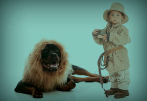 A child taking a picture of a dog dressed like a lion.