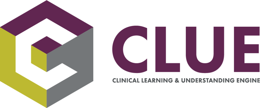 CLUE: Clinical Learning and Understand Engine text with a cube graphic