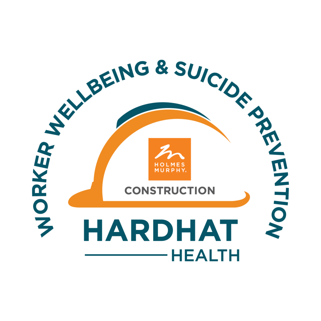 Worker Wellbeing & Suicide Prevention with an orange hard hat and Holmes Murphy construction logo