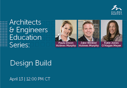 White Text on a Blue background with professional headshots of the three speakers. Text reads: Design Builds April 13 2023 webinar