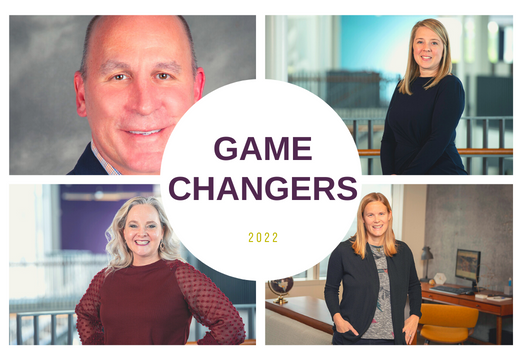 The 2022 Game Changers with their professional photos in each corner. There are three women and one man and they are all wearing professional dress clothes.
