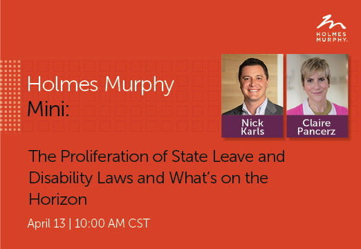 Text on a red background: The proliferation of state leave and disability laws and what's on the horizon April 13th 10 am