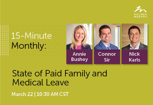 A green background with the text: state of paid family and medical leave webinar March 22