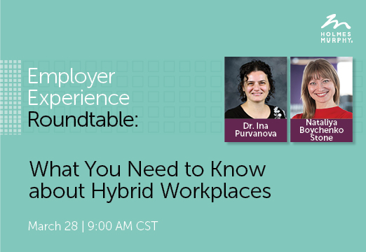 A blue graphic with the text: What You Need to Know about Hybrid Workplaces