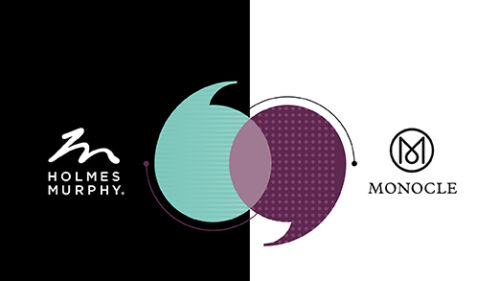 Holmes Murphy and Monocle logos on a black and white background with two circles one teal and one purple coming together.