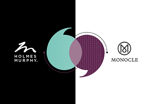 Holmes Murphy and Monocle logos on a black and white background with two circles one teal and one purple coming together.