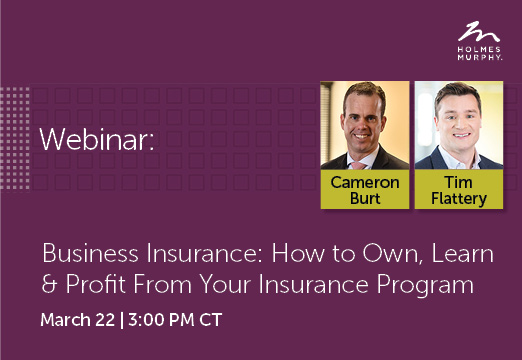 A purple background with white text: business insurance: how to own, learn, and profit from your insurance program March 22, 2023