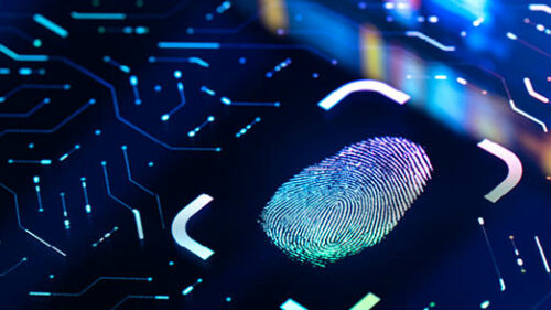 A digital fingerprint saved on a circuit board illustrating biometric data.