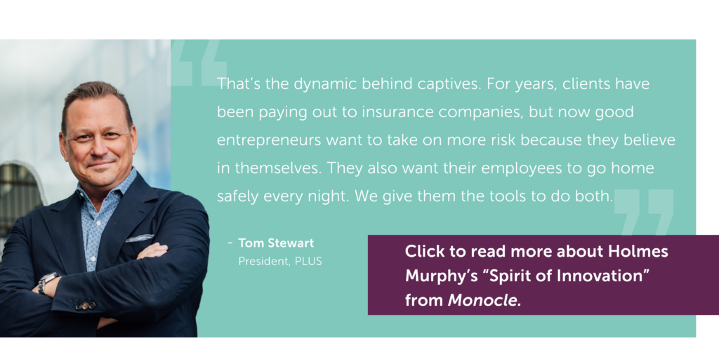 Tom Stewart President of PLUS in a suit with a pull out quote next to him discussing how captive insurance is a good risk investment.
