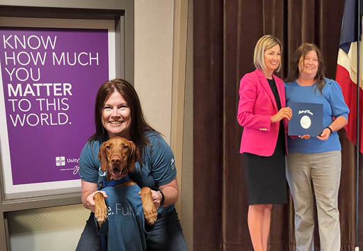 Two photos of Kelly O'Connell. One with her dog and the other with Governor Kim Reynolds.