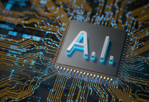 AI microchip on a motherboard.