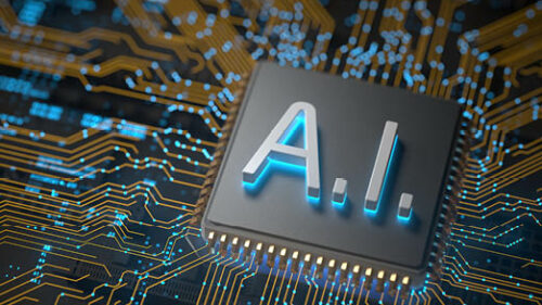 AI microchip on a motherboard.