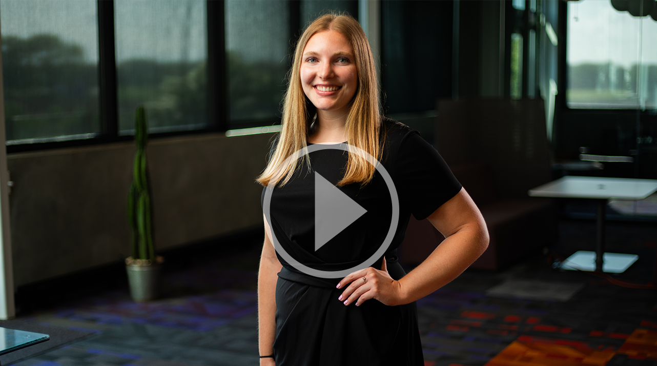 A video thumbnail of Mallory Behrens, a white woman with blond hair in a professional black dress.