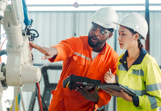 Two diverse industrial workers working together to examine equipment.