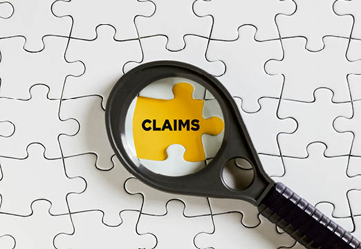 white puzzle pieces. A yellow puzzle piece is in the middle with the word 'claims' on it.