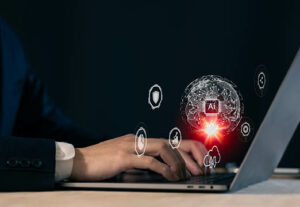 Someone typing on a laptop with virtual symbols of technology and AI floating