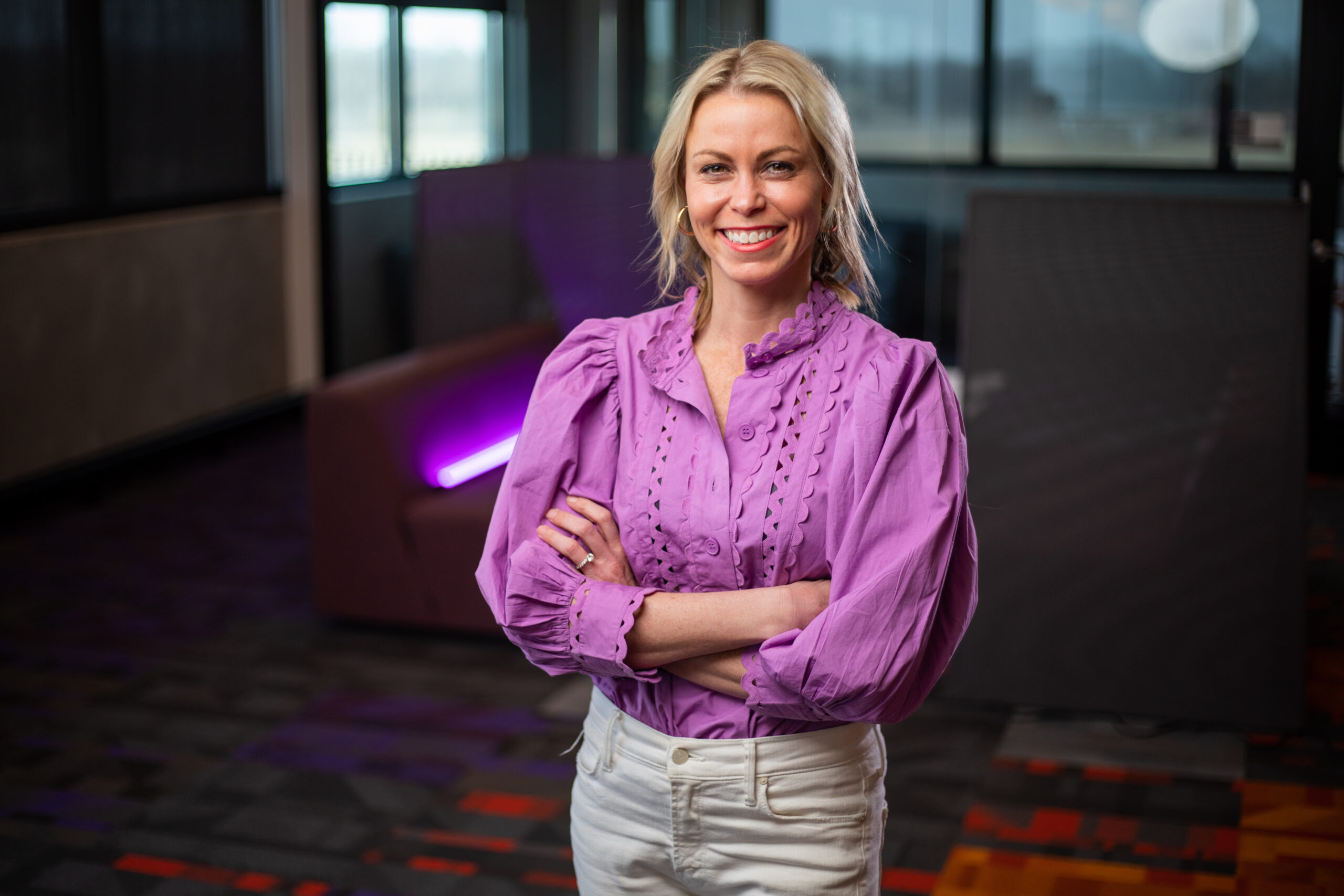 Stephanie Manning in a purple blouse