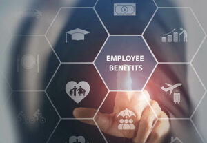 A hologram with different buttons and icons all surrounding a main button that says: employee benefits.