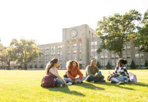 College students on a university lawn.