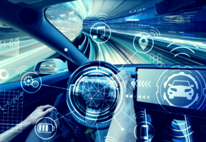 A car highlighted with technology icons.