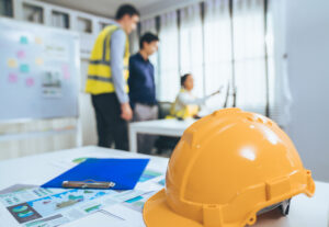 A hard hat on a table in a job site