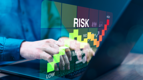 A risk graph appears as a person types on a laptop
