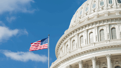 The American flag waves in front of the Capitol Building