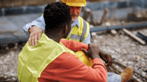 A construction worker comforts his colleague on a jobsite.