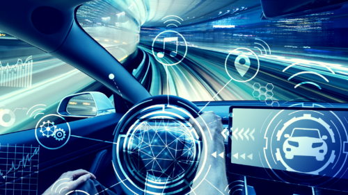 image of a person driving a car and technology features highlighted