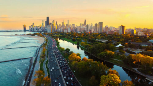 image of Chicago skyline with the river in the foreground
